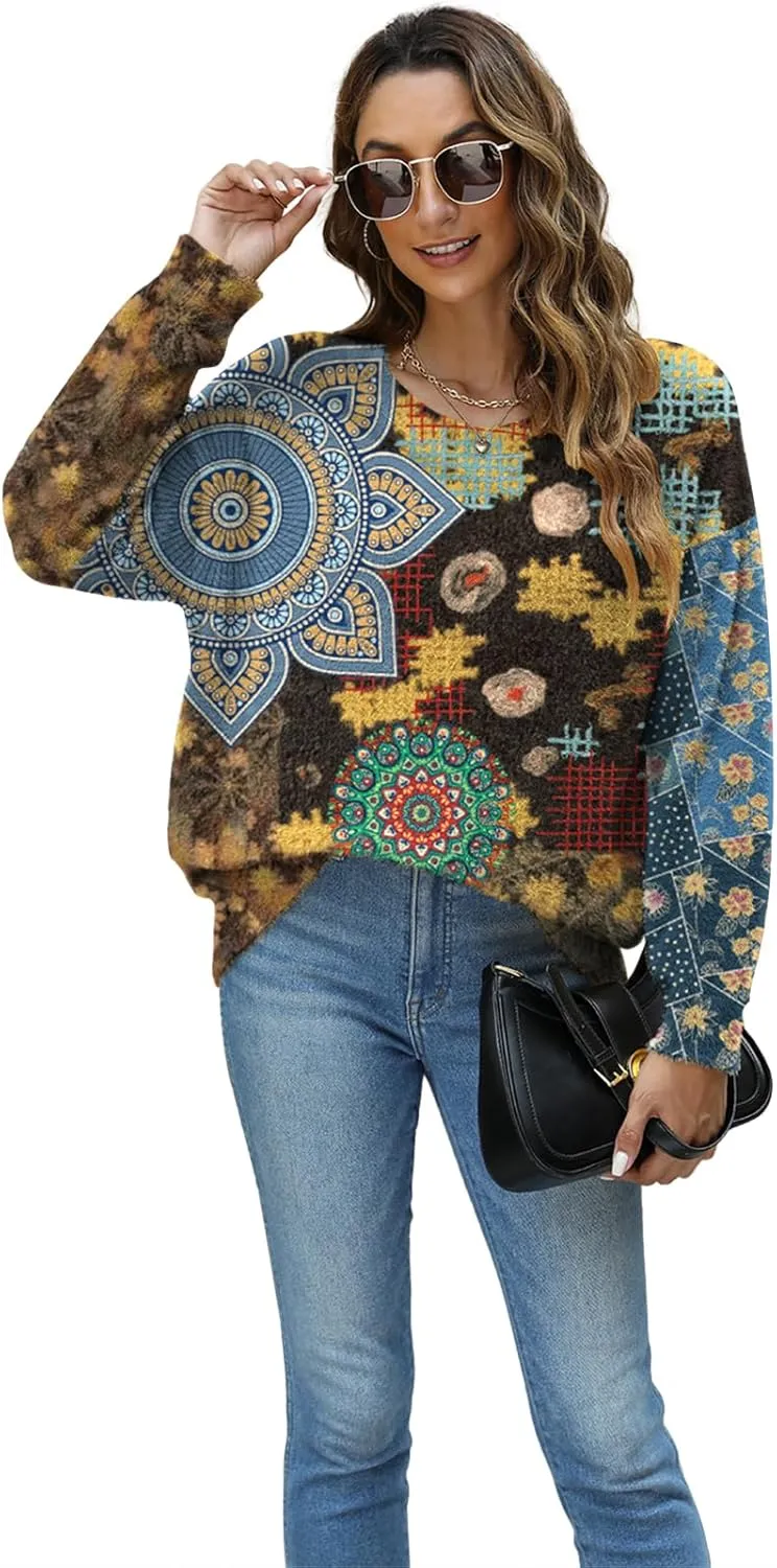 Women Christmas Sweater Graphic Oversized Long Sleeve Boho Printed Loose Fit Casual Knit Pullover Sweaters Top