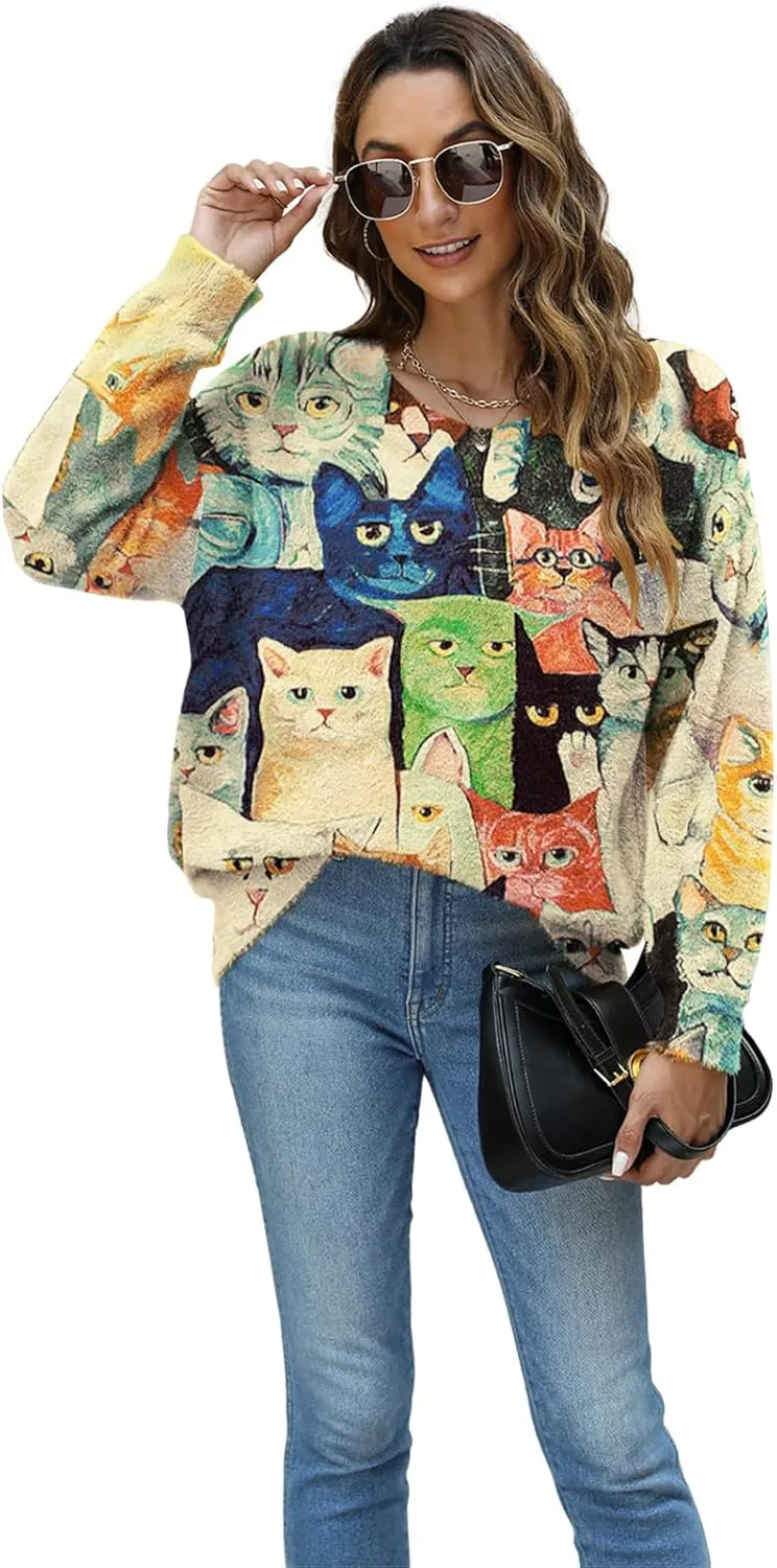 Women Christmas Sweater Graphic Oversized Long Sleeve Boho Printed Loose Fit Casual Knit Pullover Sweaters Top