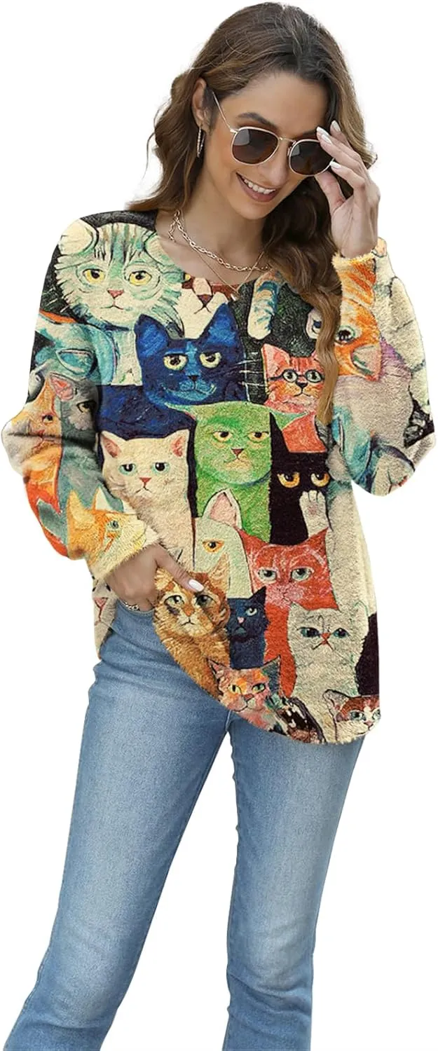 Women Christmas Sweater Graphic Oversized Long Sleeve Boho Printed Loose Fit Casual Knit Pullover Sweaters Top