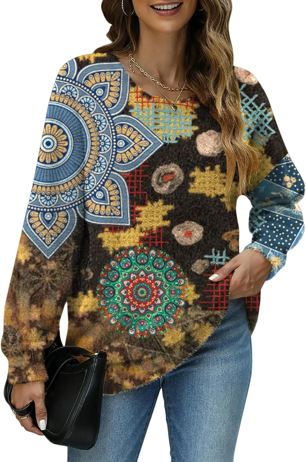 Women Christmas Sweater Graphic Oversized Long Sleeve Boho Printed Loose Fit Casual Knit Pullover Sweaters Top