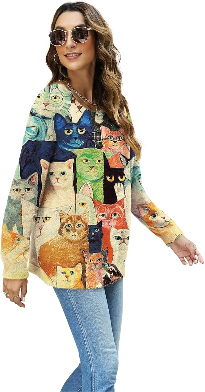 Women Christmas Sweater Graphic Oversized Long Sleeve Boho Printed Loose Fit Casual Knit Pullover Sweaters Top