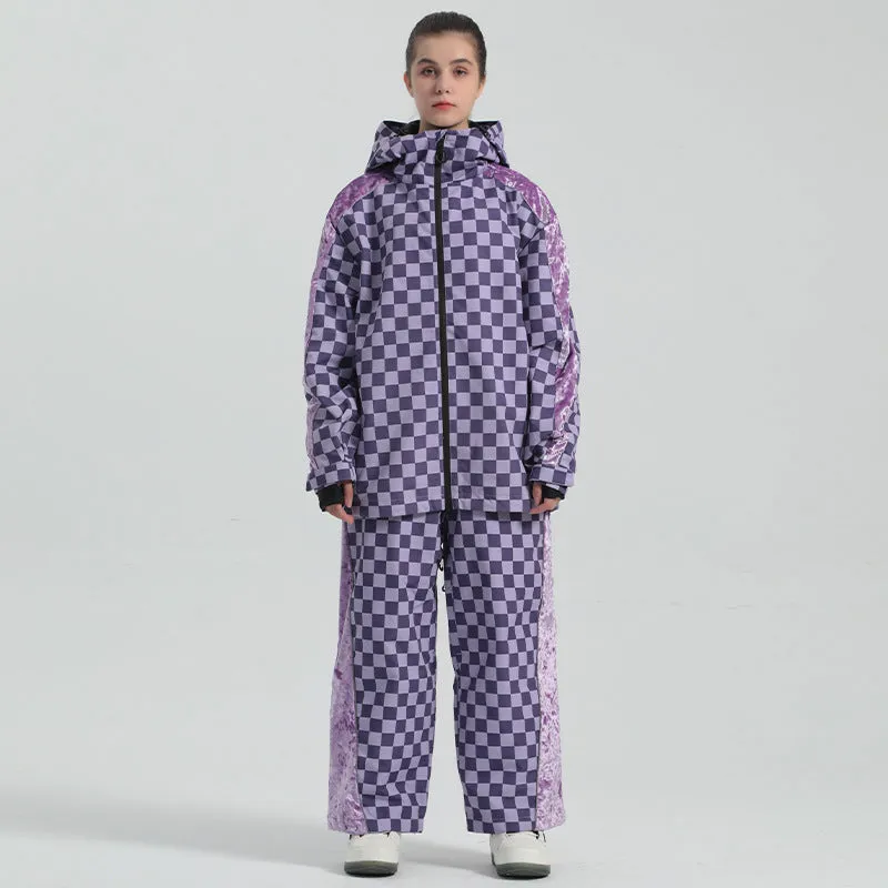 Women Grid Design Snow Jacket & Pants Set