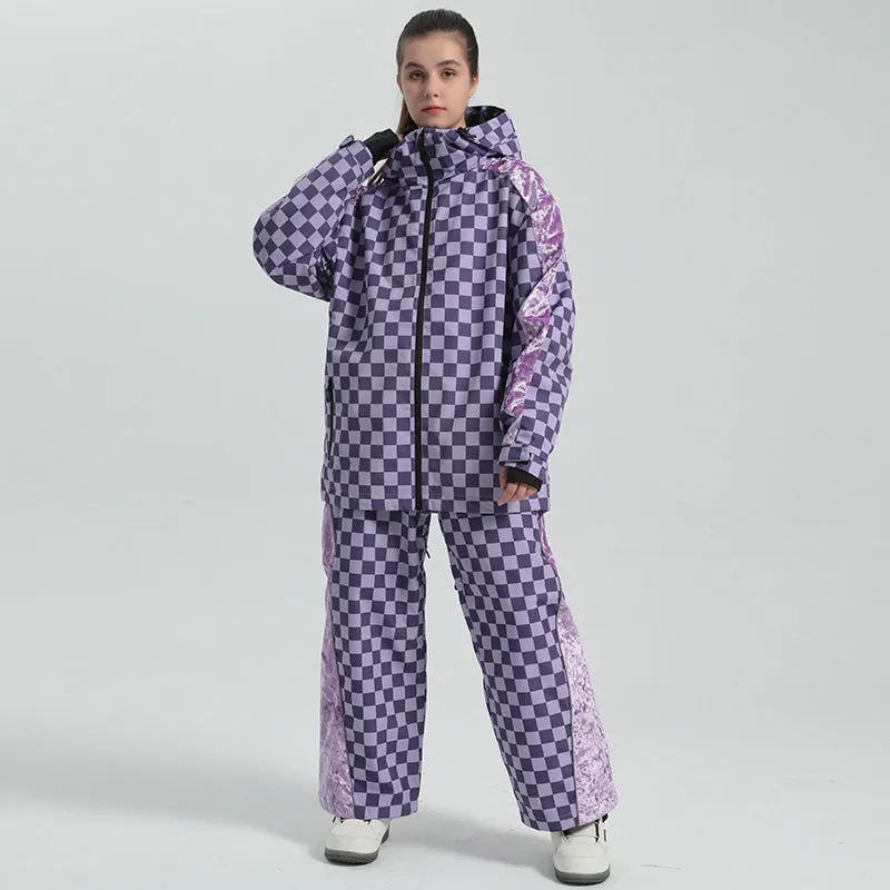Women Grid Design Snow Jacket & Pants Set