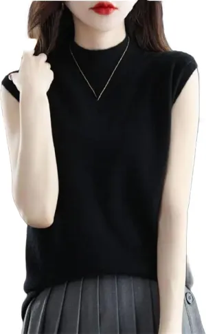 Women Half-Height Camisole Knitted Base Layer Pullover Round Neck Solid Color Loose Sleeveless Inside Top