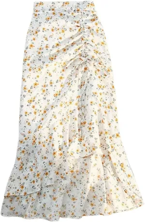 Women High Waist Floral Skirts Shirring Side Split Midi Skirts Drawstring Ruffles Long Skirt