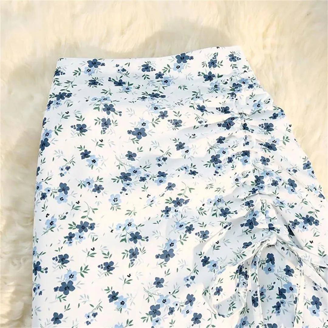 Women High Waist Floral Skirts Shirring Side Split Midi Skirts Drawstring Ruffles Long Skirt