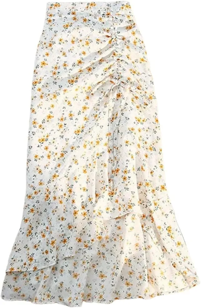 Women High Waist Floral Skirts Shirring Side Split Midi Skirts Drawstring Ruffles Long Skirt