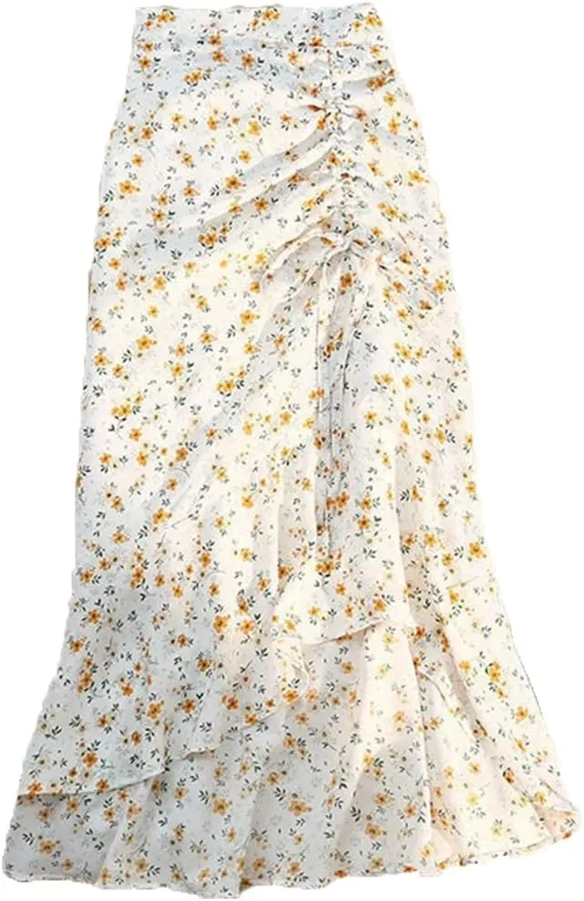 Women High Waist Floral Skirts Shirring Side Split Midi Skirts Drawstring Ruffles Long Skirt