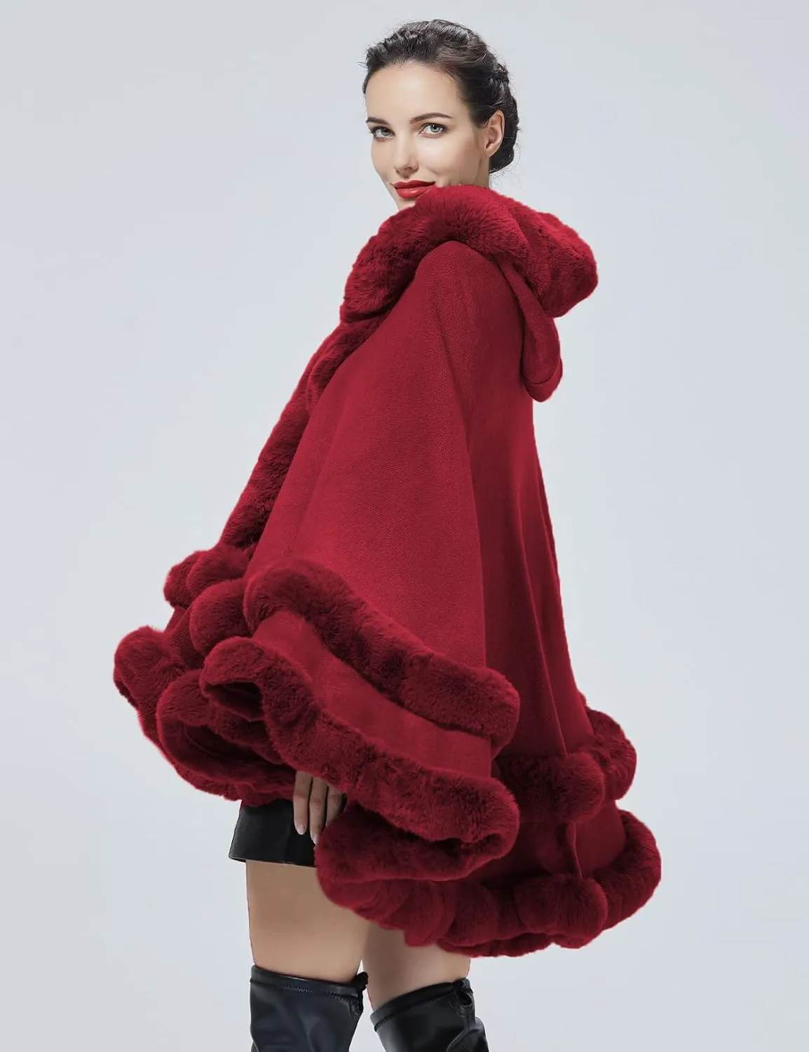 Women Hooded Poncho Cape Faux Fur Shawl Wrap with Fur Trim Sleeveless Cardigan Dressy Cloak Fashion Tops Coat