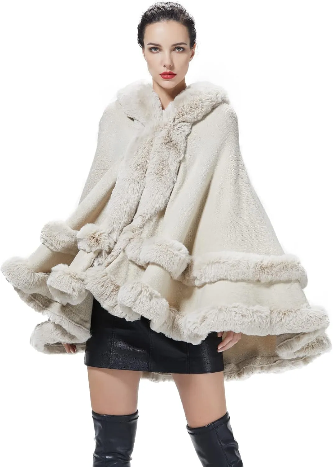 Women Hooded Poncho Cape Faux Fur Shawl Wrap with Fur Trim Sleeveless Cardigan Dressy Cloak Fashion Tops Coat