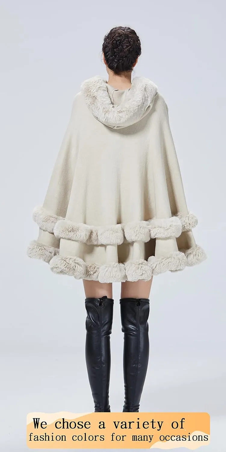 Women Hooded Poncho Cape Faux Fur Shawl Wrap with Fur Trim Sleeveless Cardigan Dressy Cloak Fashion Tops Coat