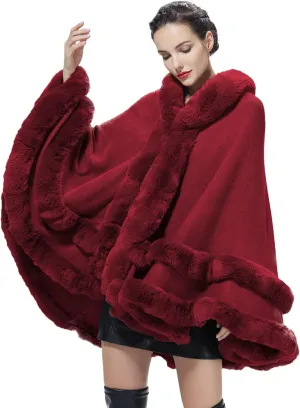 Women Hooded Poncho Cape Faux Fur Shawl Wrap with Fur Trim Sleeveless Cardigan Dressy Cloak Fashion Tops Coat