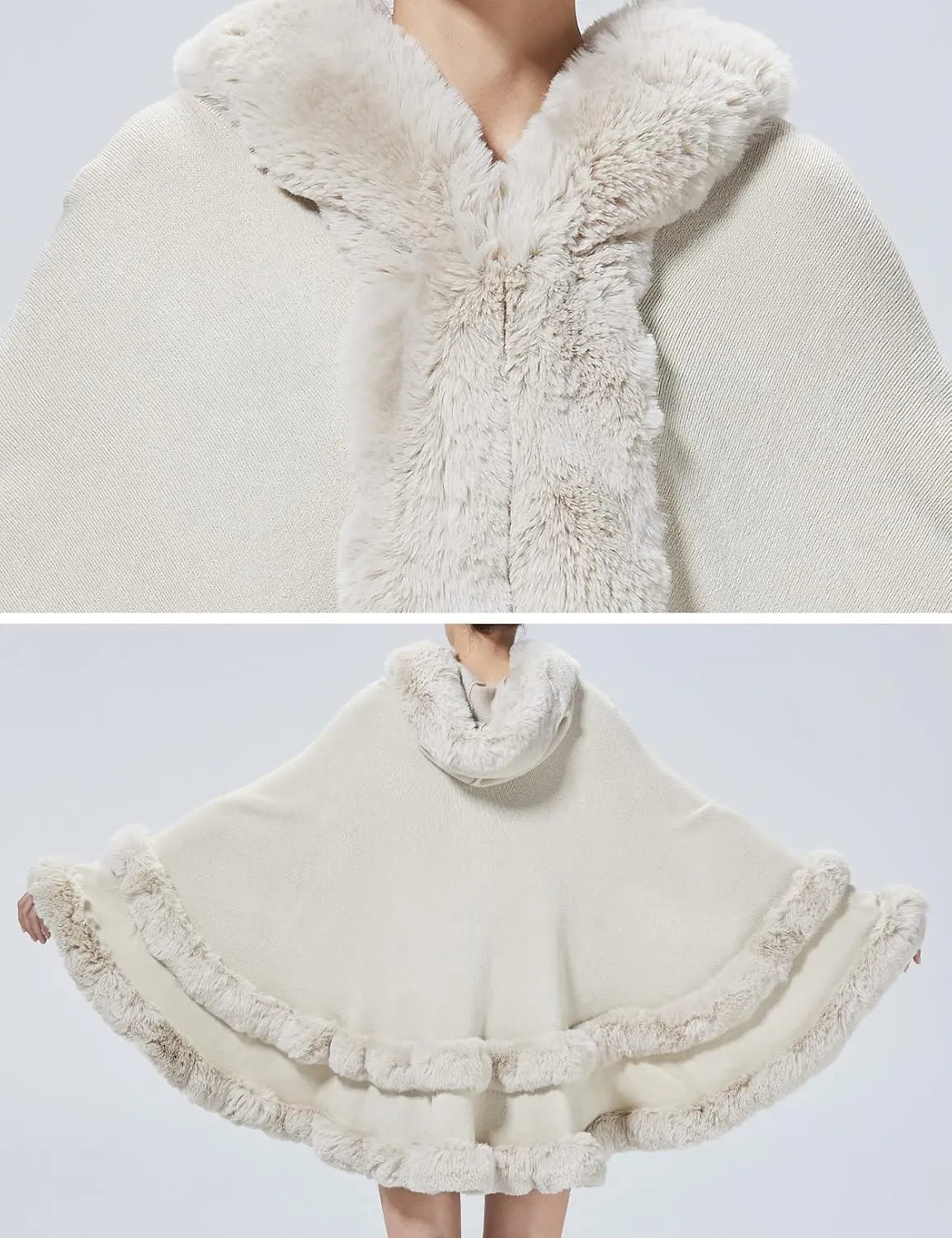 Women Hooded Poncho Cape Faux Fur Shawl Wrap with Fur Trim Sleeveless Cardigan Dressy Cloak Fashion Tops Coat