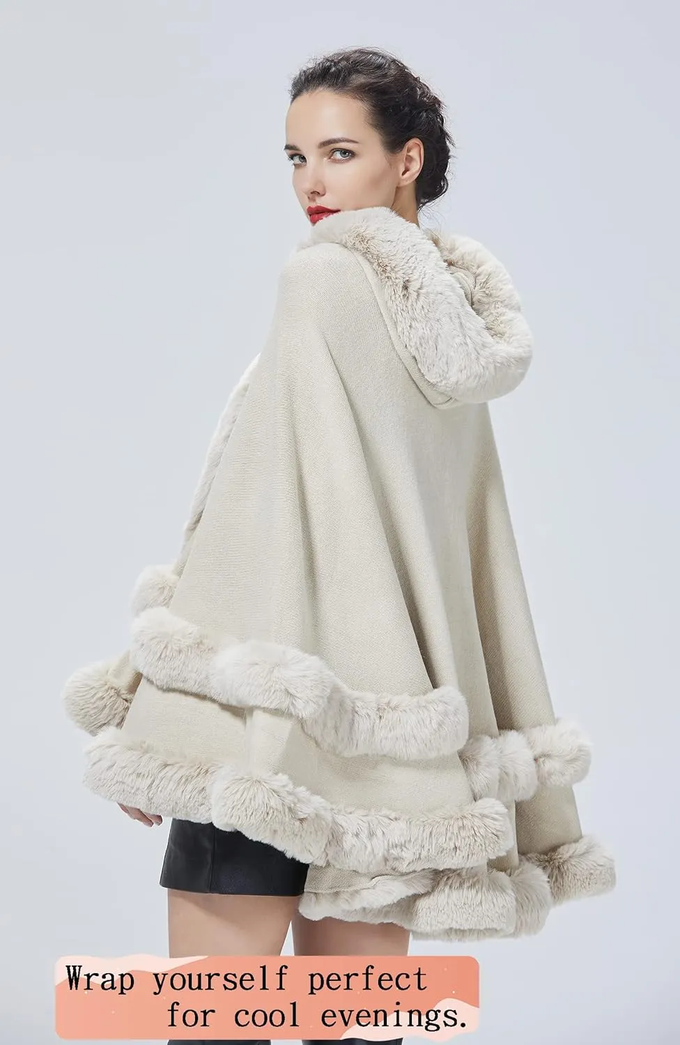 Women Hooded Poncho Cape Faux Fur Shawl Wrap with Fur Trim Sleeveless Cardigan Dressy Cloak Fashion Tops Coat