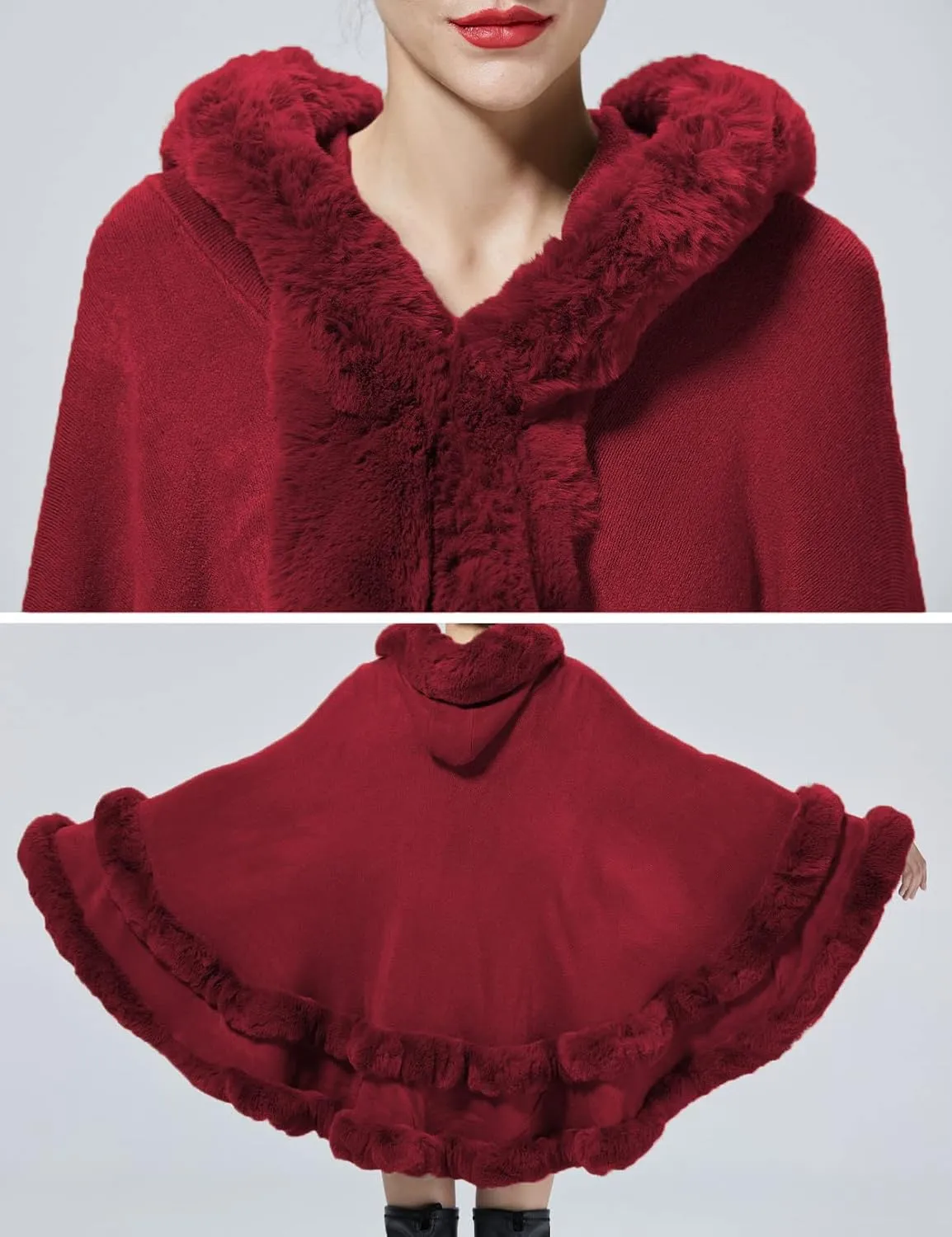 Women Hooded Poncho Cape Faux Fur Shawl Wrap with Fur Trim Sleeveless Cardigan Dressy Cloak Fashion Tops Coat