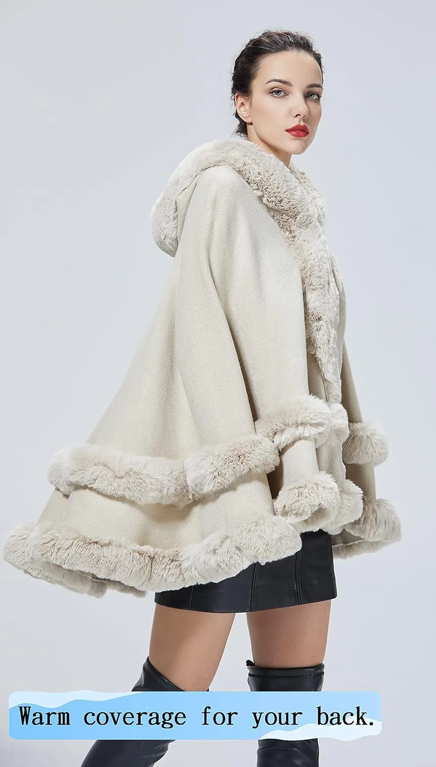 Women Hooded Poncho Cape Faux Fur Shawl Wrap with Fur Trim Sleeveless Cardigan Dressy Cloak Fashion Tops Coat