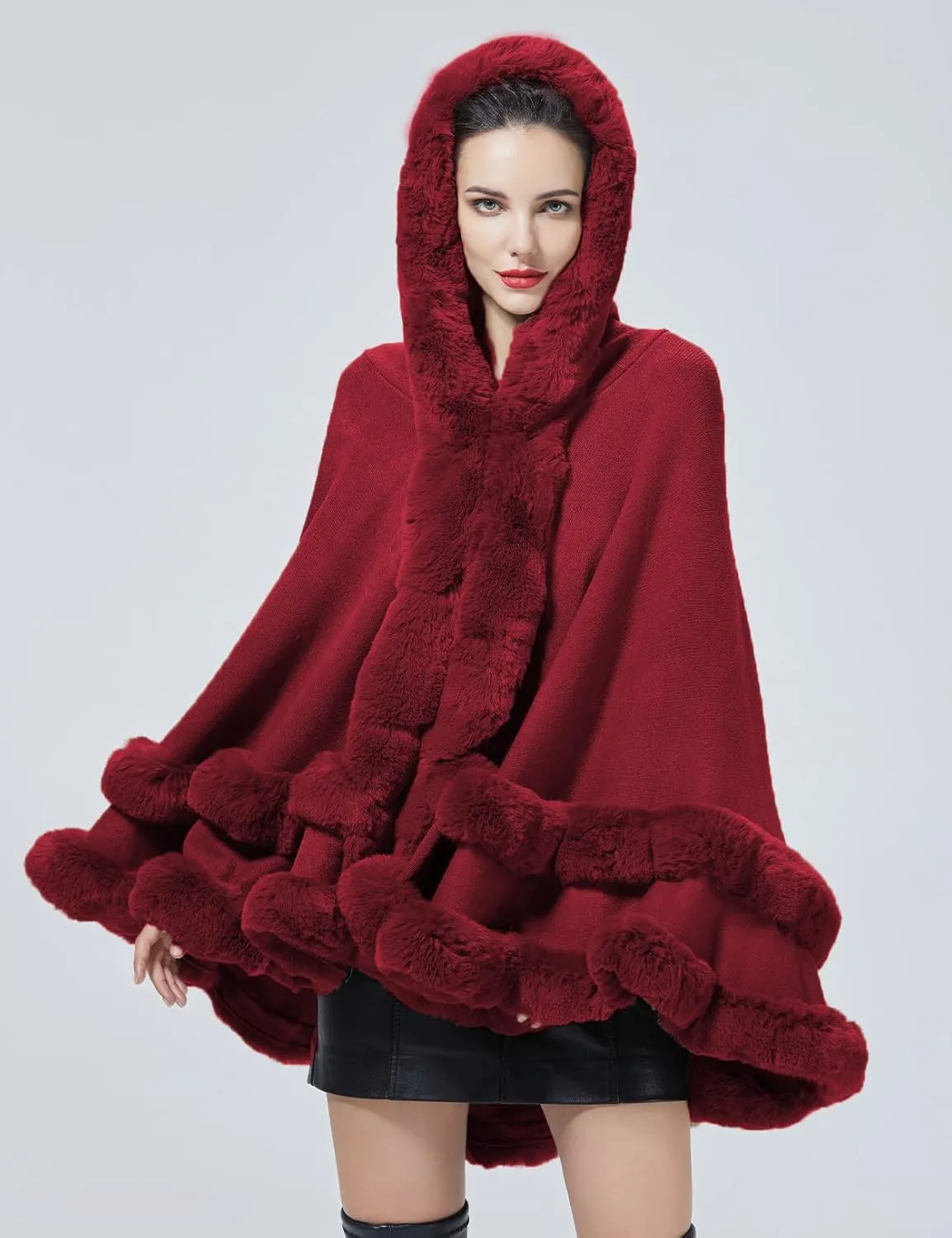 Women Hooded Poncho Cape Faux Fur Shawl Wrap with Fur Trim Sleeveless Cardigan Dressy Cloak Fashion Tops Coat