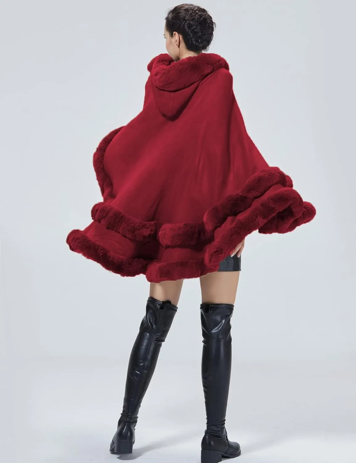 Women Hooded Poncho Cape Faux Fur Shawl Wrap with Fur Trim Sleeveless Cardigan Dressy Cloak Fashion Tops Coat