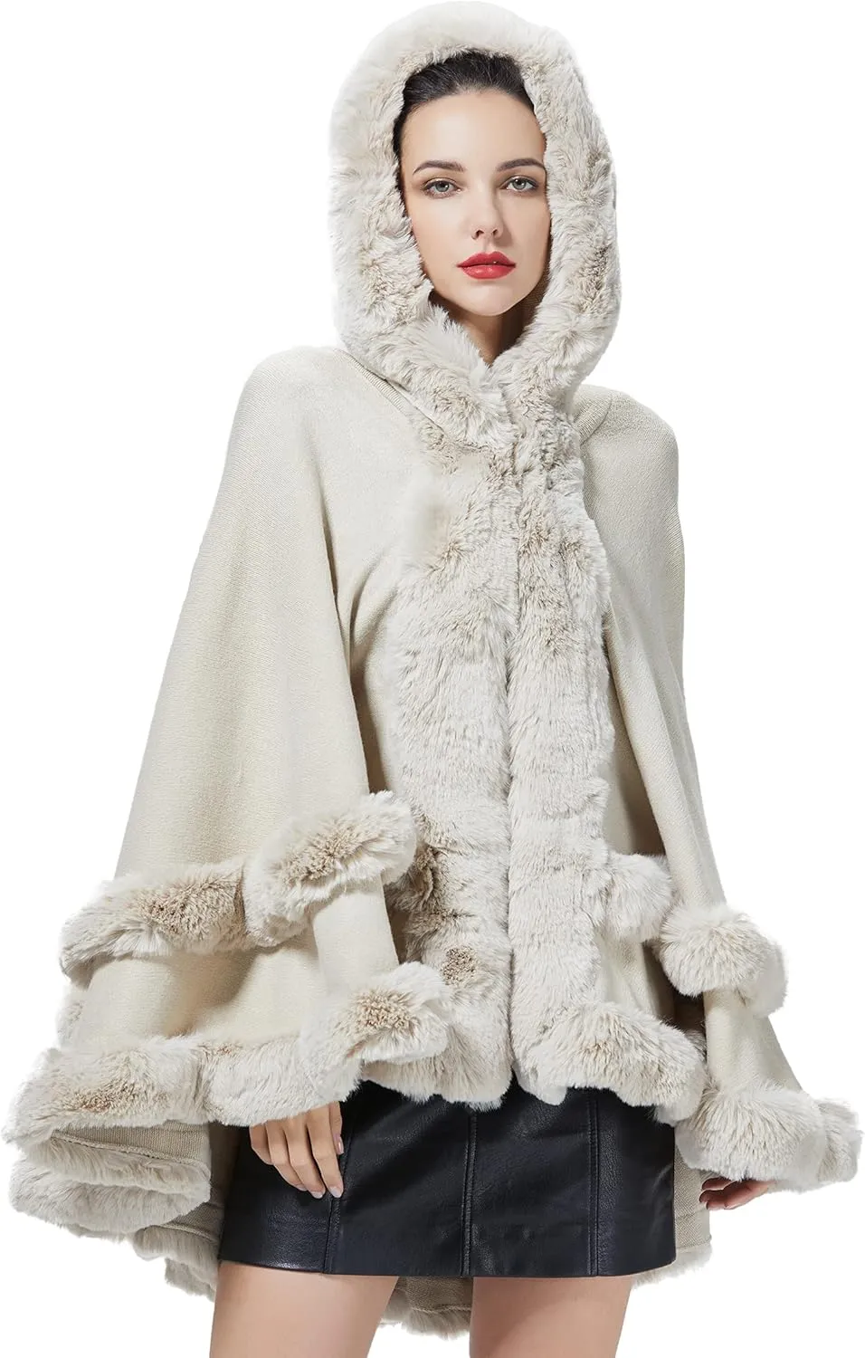 Women Hooded Poncho Cape Faux Fur Shawl Wrap with Fur Trim Sleeveless Cardigan Dressy Cloak Fashion Tops Coat