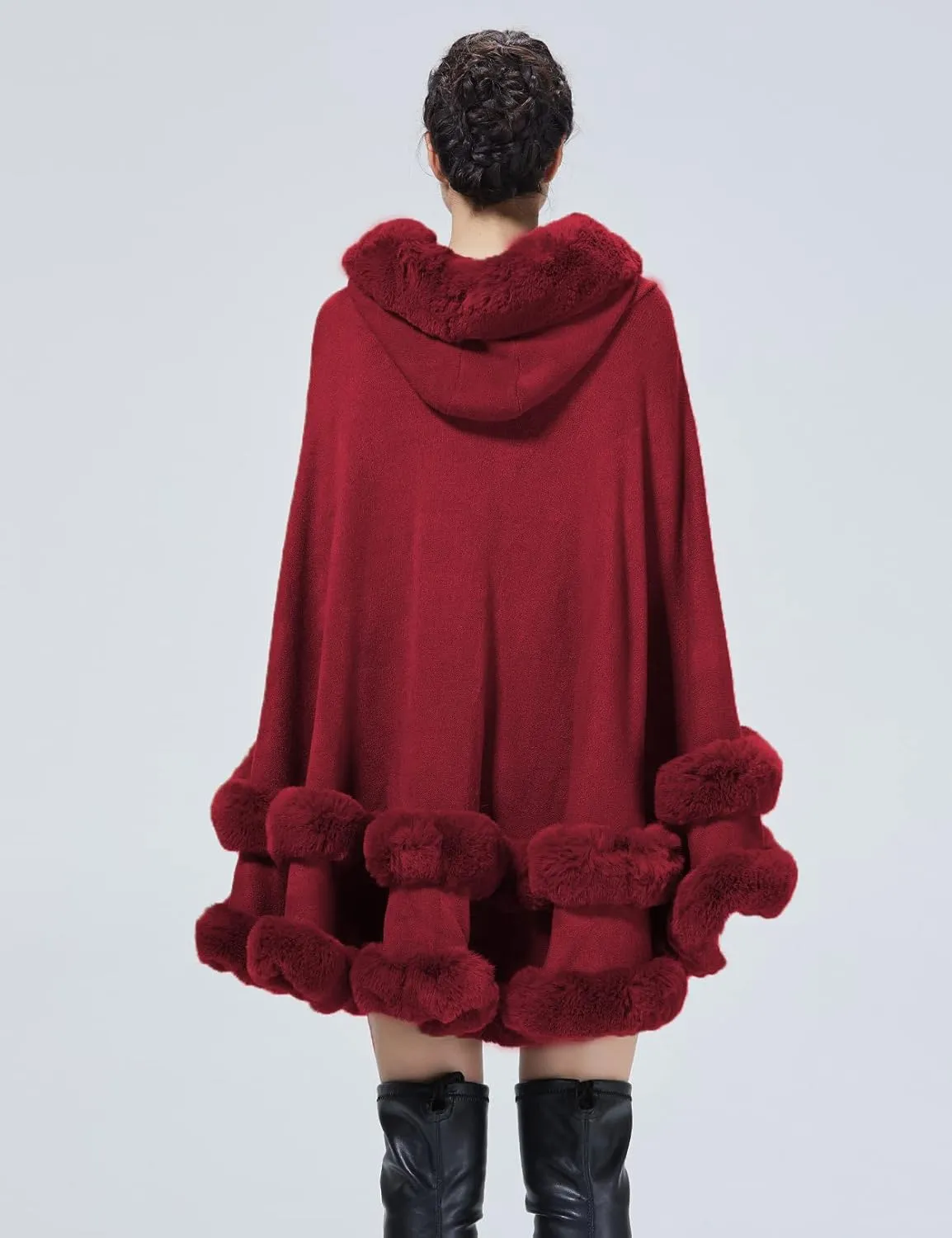 Women Hooded Poncho Cape Faux Fur Shawl Wrap with Fur Trim Sleeveless Cardigan Dressy Cloak Fashion Tops Coat
