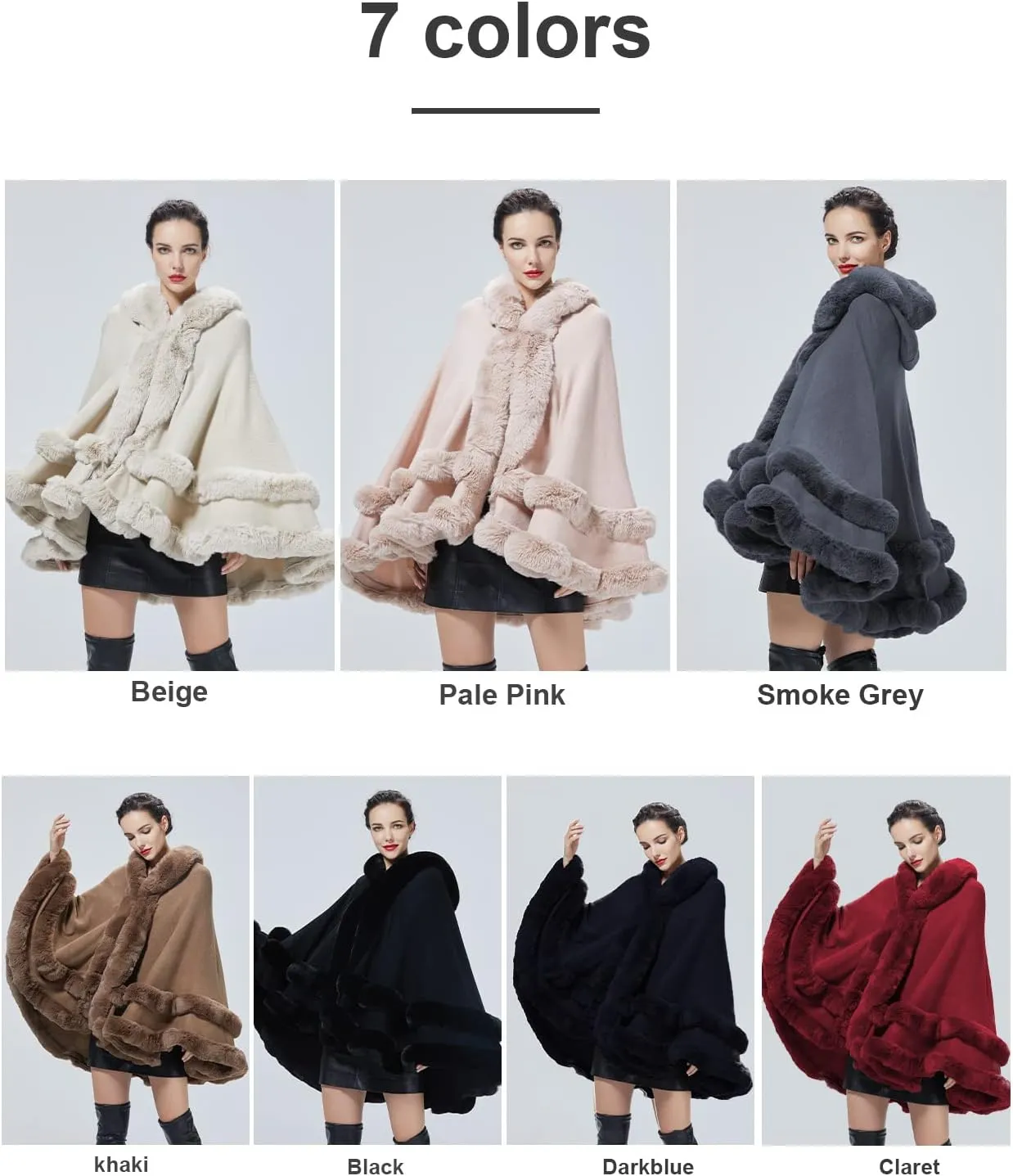 Women Hooded Poncho Cape Faux Fur Shawl Wrap with Fur Trim Sleeveless Cardigan Dressy Cloak Fashion Tops Coat