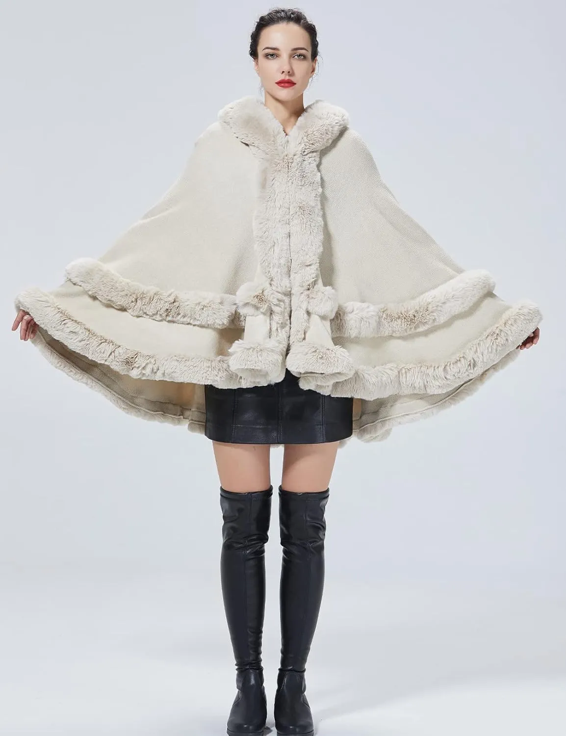 Women Hooded Poncho Cape Faux Fur Shawl Wrap with Fur Trim Sleeveless Cardigan Dressy Cloak Fashion Tops Coat
