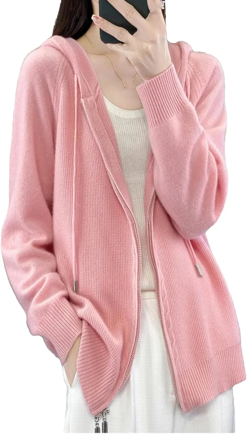 Women Hooded Zippered Cardigan Cashmere Sweater