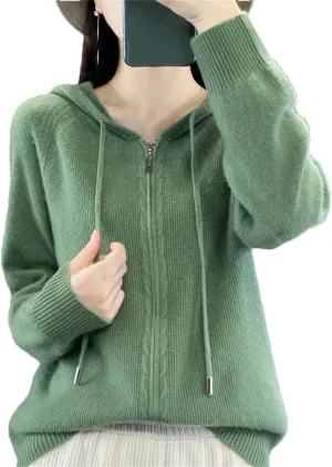 Women Hooded Zippered Cardigan Cashmere Sweater