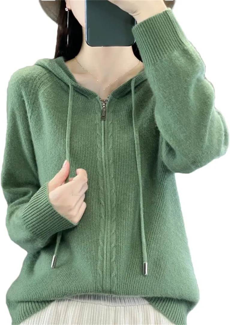Women Hooded Zippered Cardigan Cashmere Sweater