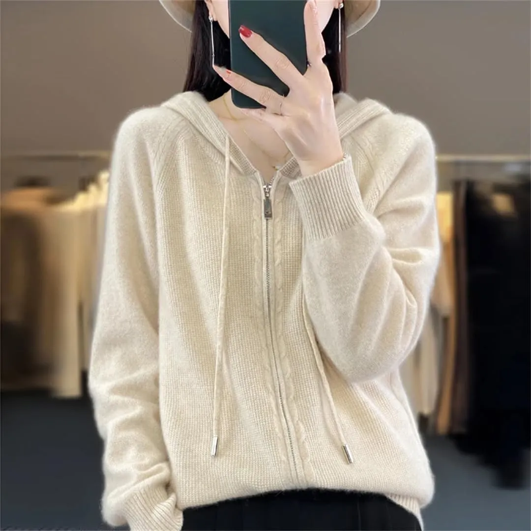 Women Hooded Zippered Cardigan Cashmere Sweater