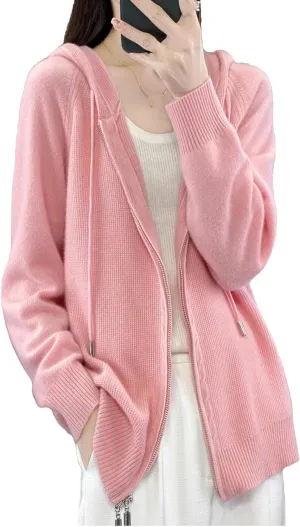 Women Hooded Zippered Cardigan Cashmere Sweater