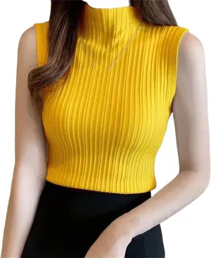 Women Knitted Camisole Wear Half High Neck Bottoming Shirt Short Knitwear Tight Sleeveless Top