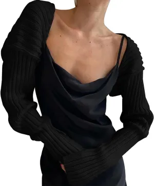 Women Long Sleeve Open Front Ribbed Knit Crop Cardigan Solid Loose Drop Shoulder Shrug Bolero Crop Sweater Top