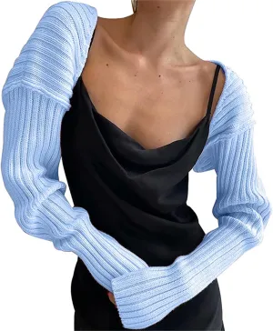 Women Long Sleeve Open Front Ribbed Knit Crop Cardigan Solid Loose Drop Shoulder Shrug Bolero Crop Sweater Top
