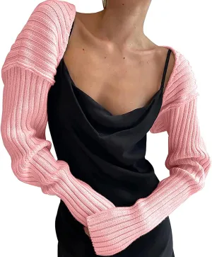 Women Long Sleeve Open Front Ribbed Knit Crop Cardigan Solid Loose Drop Shoulder Shrug Bolero Crop Sweater Top