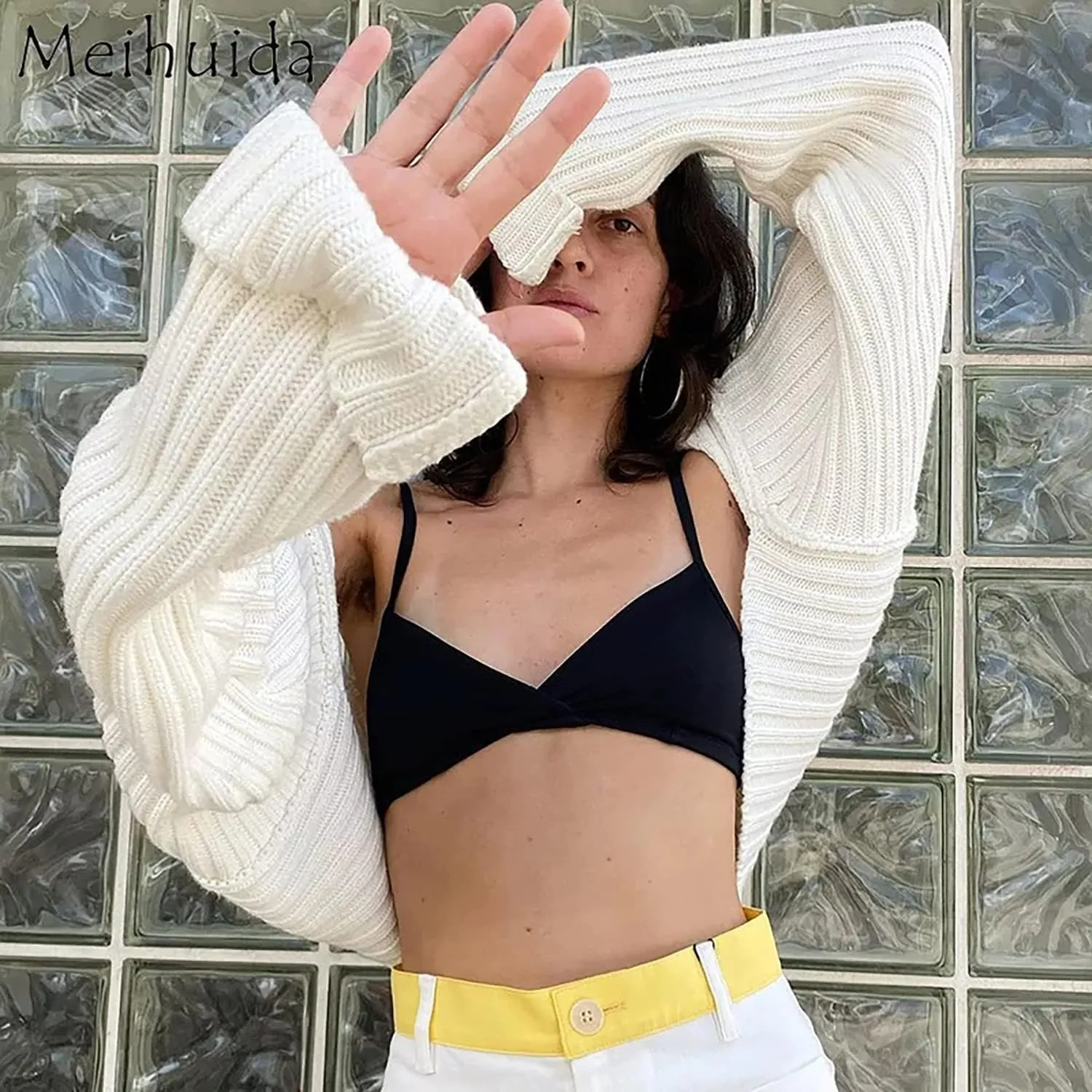 Women Long Sleeve Open Front Ribbed Knit Crop Cardigan Solid Loose Drop Shoulder Shrug Bolero Crop Sweater Top