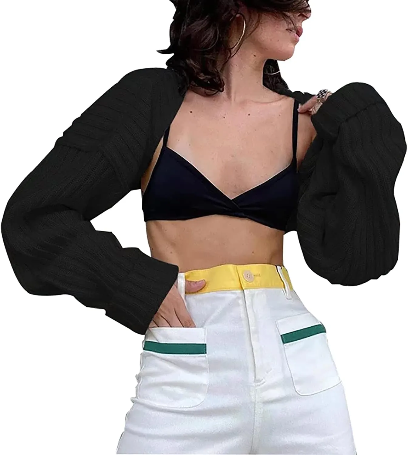 Women Long Sleeve Open Front Ribbed Knit Crop Cardigan Solid Loose Drop Shoulder Shrug Bolero Crop Sweater Top
