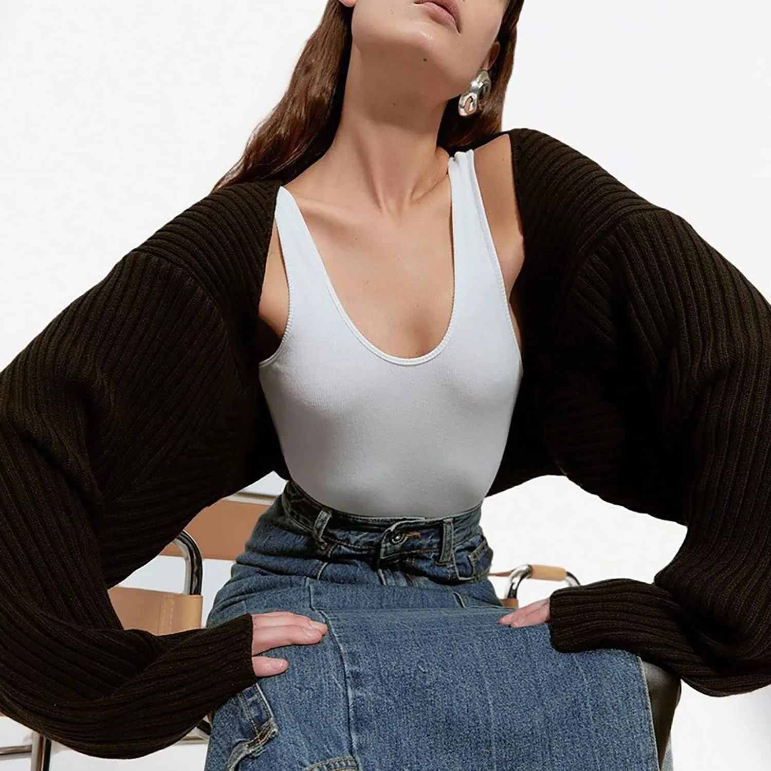 Women Long Sleeve Open Front Ribbed Knit Crop Cardigan Solid Loose Drop Shoulder Shrug Bolero Crop Sweater Top