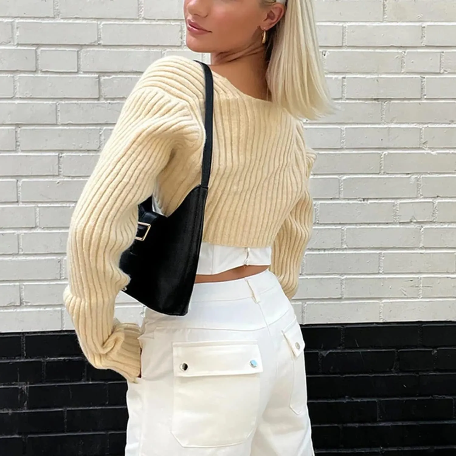 Women Long Sleeve Open Front Ribbed Knit Crop Cardigan Solid Loose Drop Shoulder Shrug Bolero Crop Sweater Top