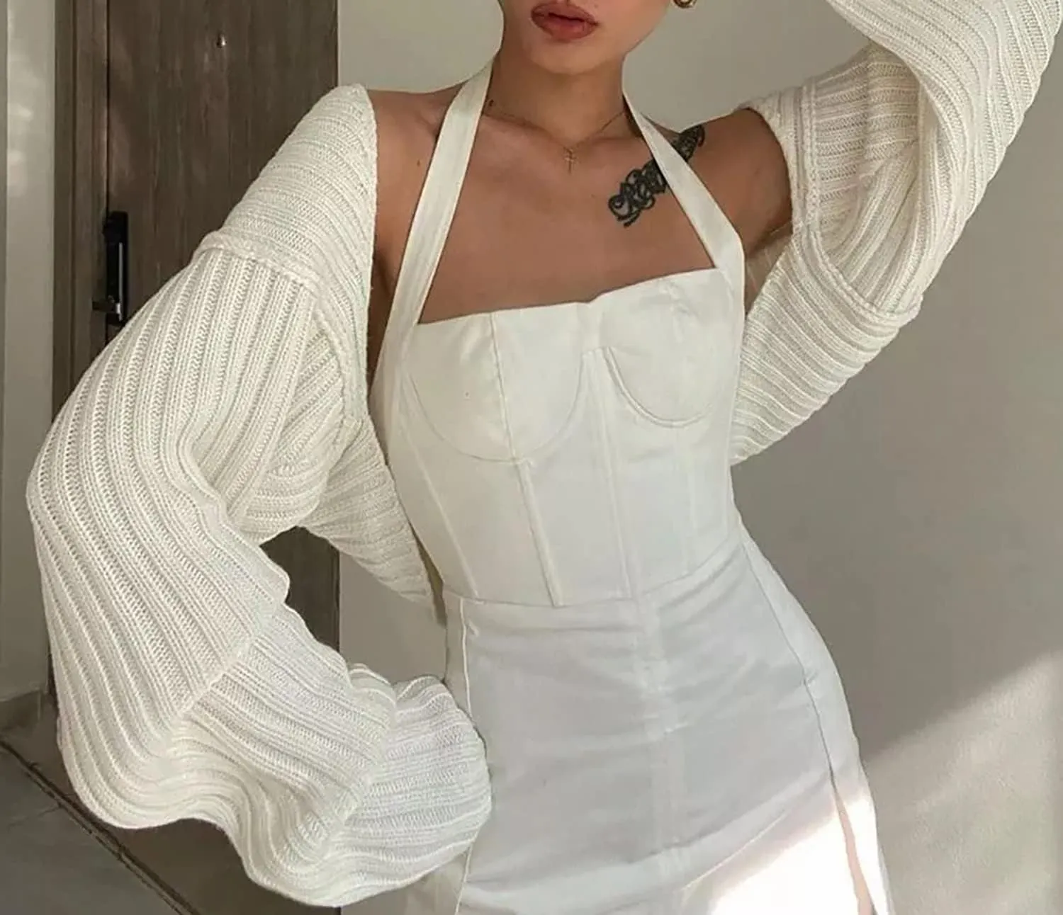 Women Long Sleeve Open Front Ribbed Knit Crop Cardigan Solid Loose Drop Shoulder Shrug Bolero Crop Sweater Top