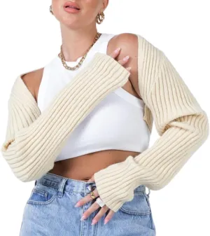 Women Long Sleeve Open Front Ribbed Knit Crop Cardigan Solid Loose Drop Shoulder Shrug Bolero Crop Sweater Top