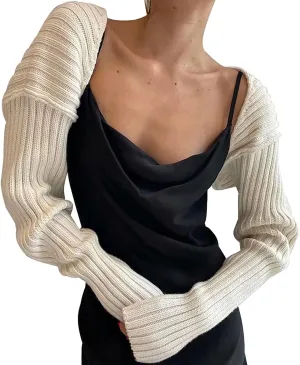 Women Long Sleeve Open Front Ribbed Knit Crop Cardigan Solid Loose Drop Shoulder Shrug Bolero Crop Sweater Top