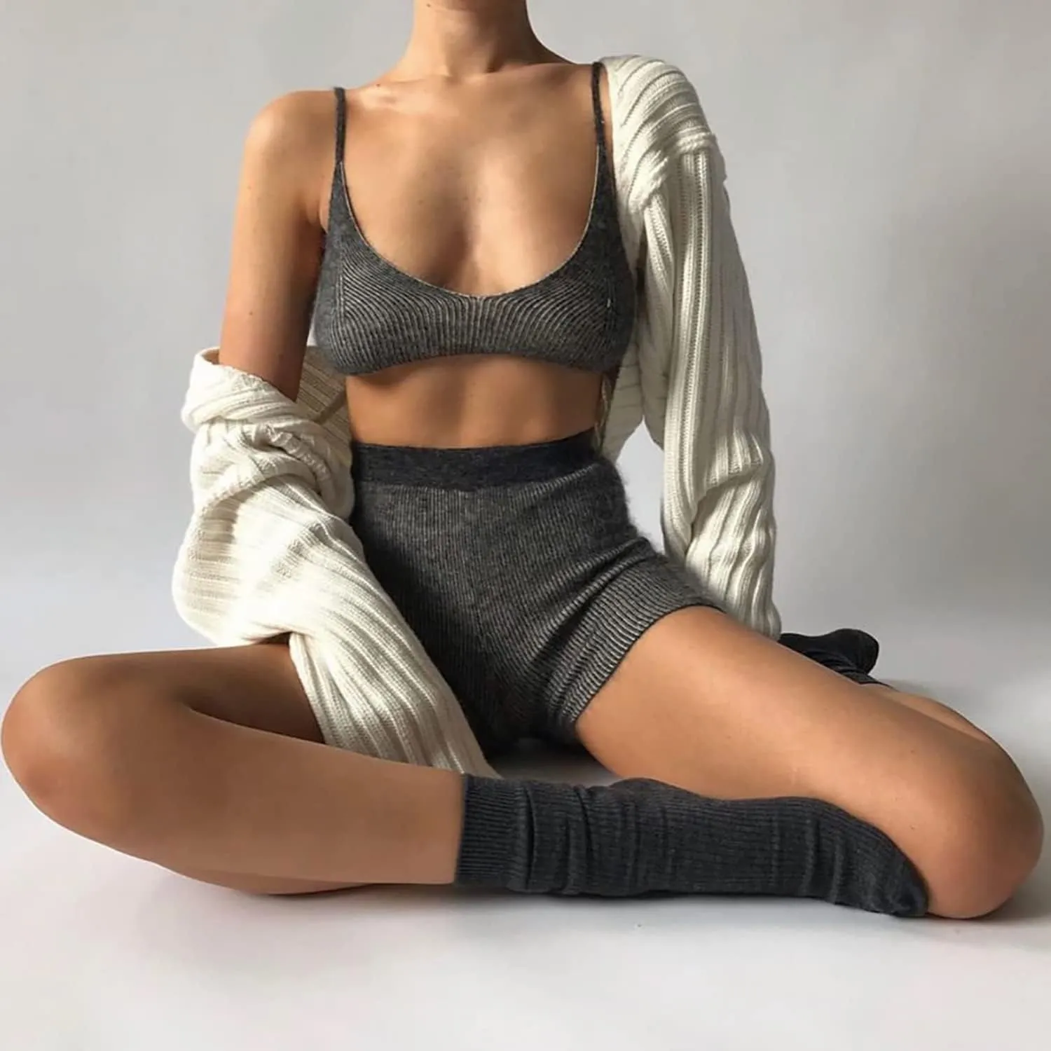 Women Long Sleeve Open Front Ribbed Knit Crop Cardigan Solid Loose Drop Shoulder Shrug Bolero Crop Sweater Top