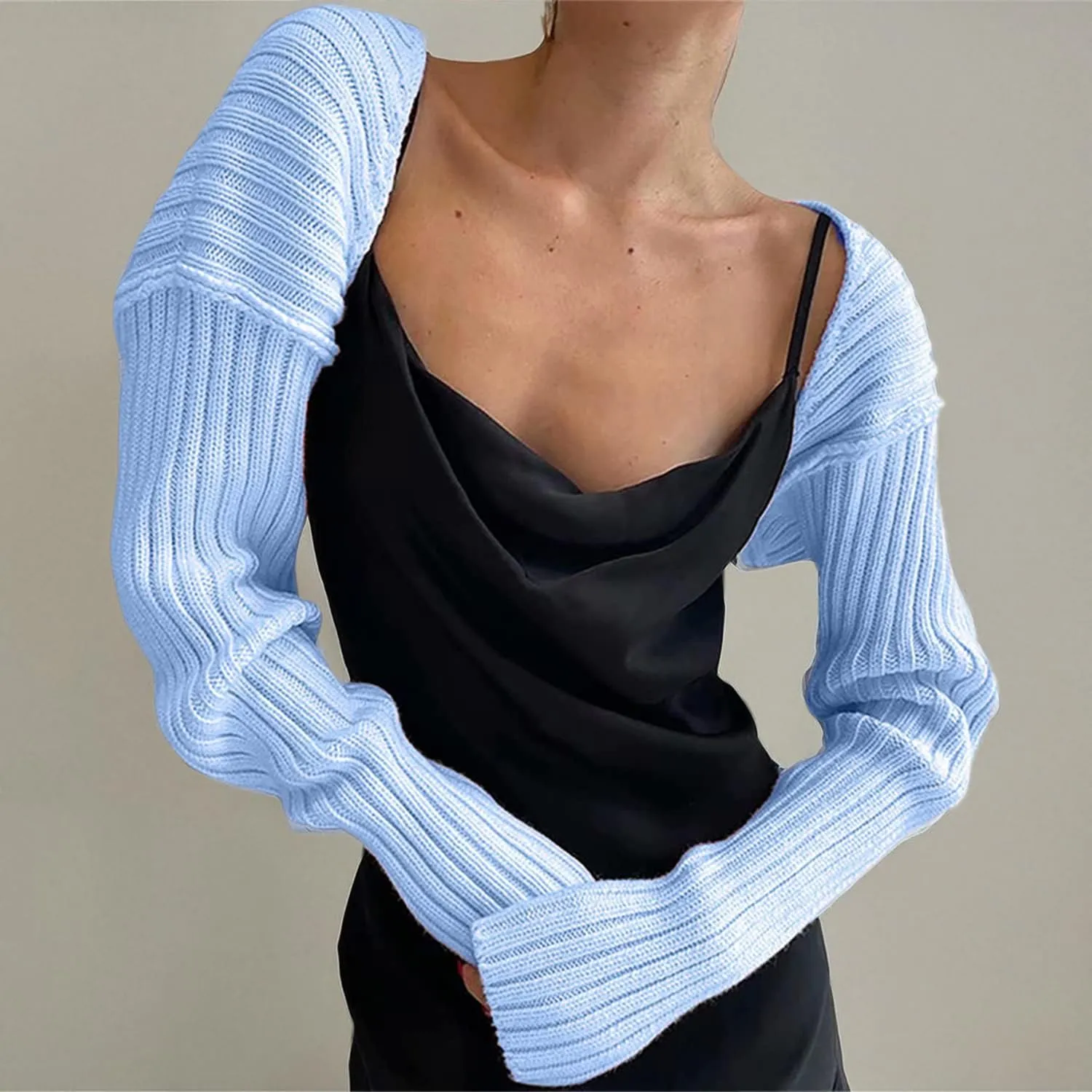Women Long Sleeve Open Front Ribbed Knit Crop Cardigan Solid Loose Drop Shoulder Shrug Bolero Crop Sweater Top