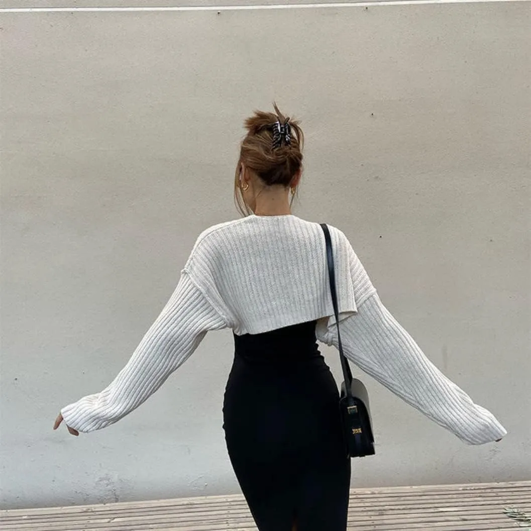 Women Long Sleeve Open Front Ribbed Knit Crop Cardigan Solid Loose Drop Shoulder Shrug Bolero Crop Sweater Top