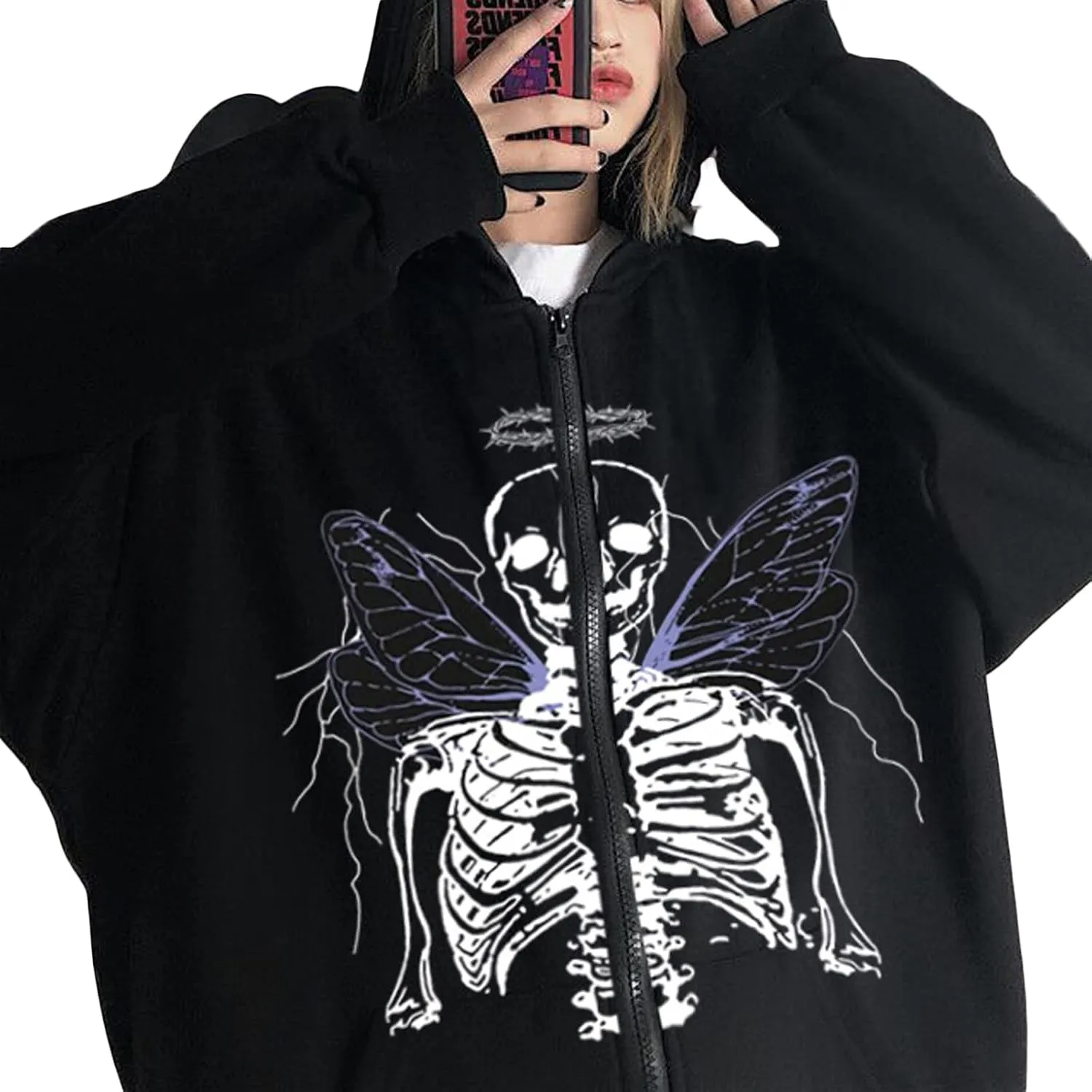 Women Men Oversized Zip Up Hoodie Sweatshirt Rhinestone Skeleton Sweatshirt Loose Fit Aesthetic Hoodies