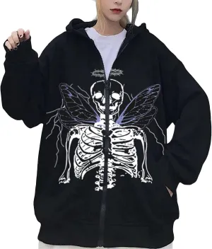 Women Men Oversized Zip Up Hoodie Sweatshirt Rhinestone Skeleton Sweatshirt Loose Fit Aesthetic Hoodies