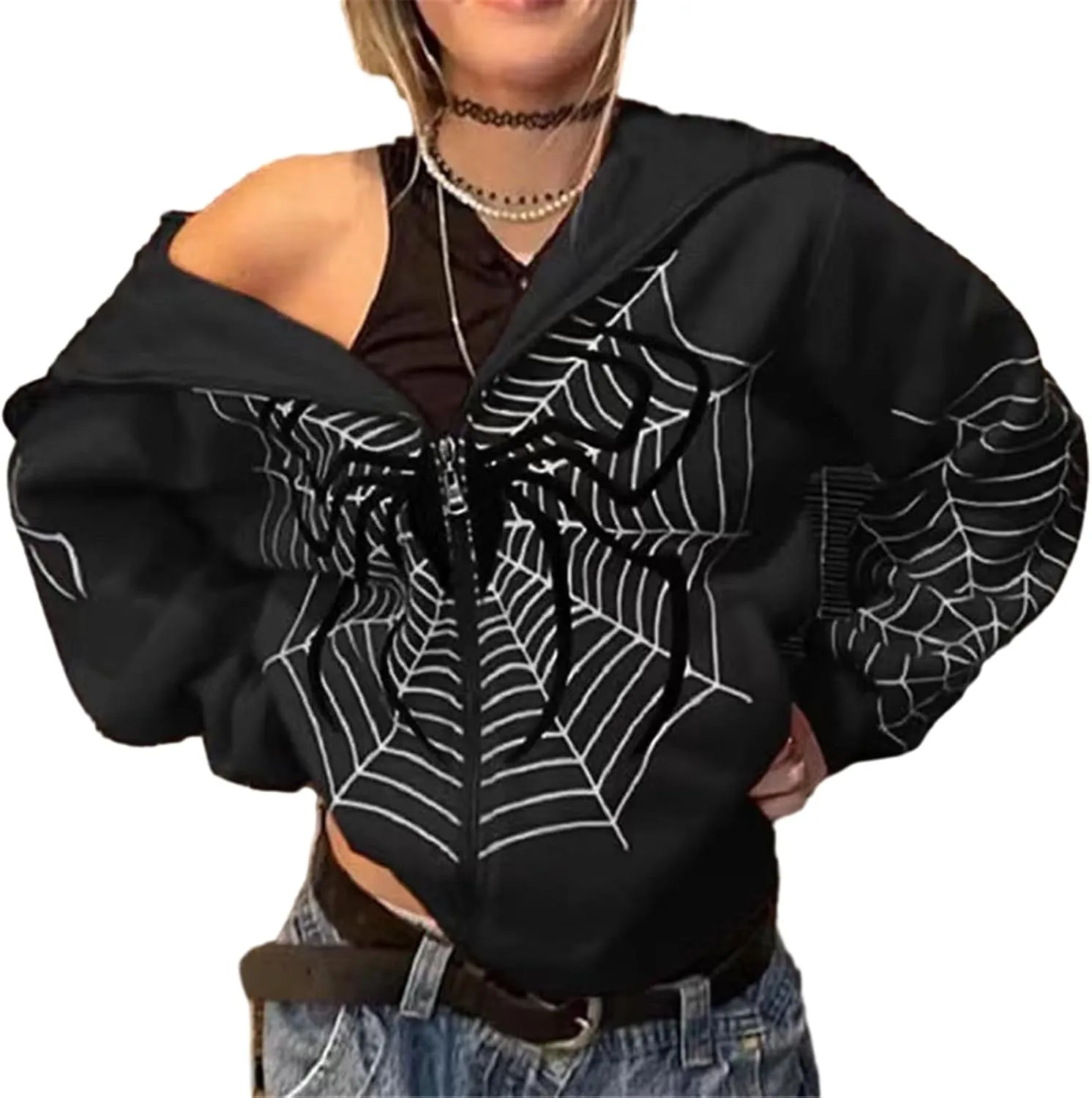 Women Men Zip Up Y2k Oversized Hoodie Spider Graphic Full Zipper Sweatshirt Teen Girls Grunge Streetwear Jacket