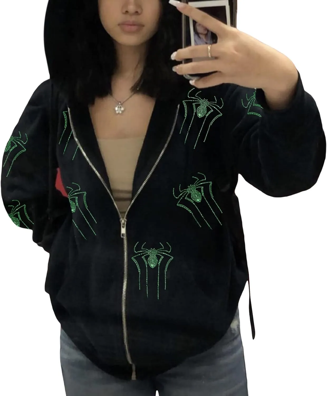 Women Men Zip Up Y2k Oversized Hoodie Spider Graphic Full Zipper Sweatshirt Teen Girls Grunge Streetwear Jacket