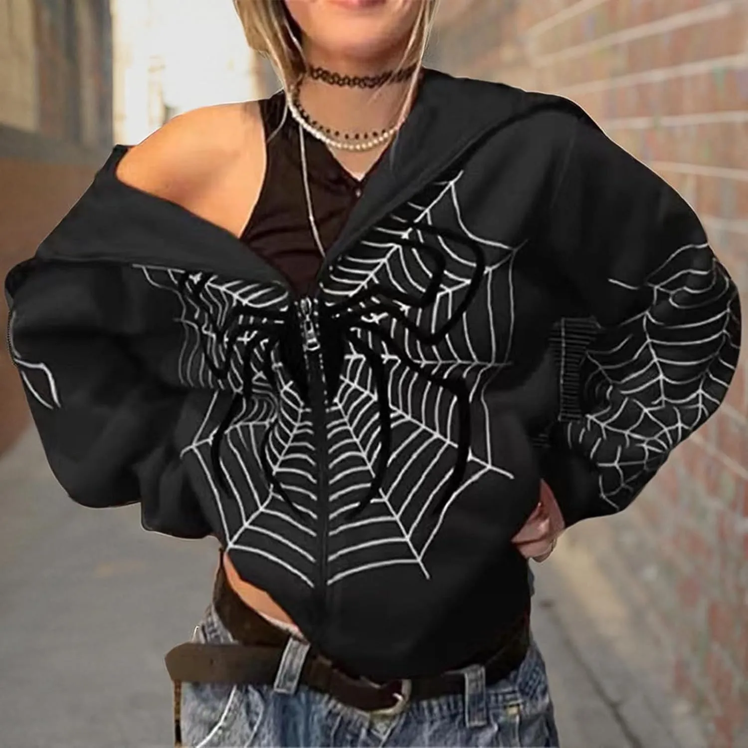 Women Men Zip Up Y2k Oversized Hoodie Spider Graphic Full Zipper Sweatshirt Teen Girls Grunge Streetwear Jacket